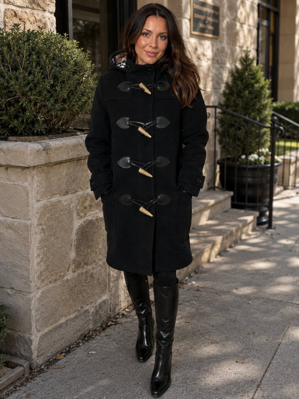 Burberry Black Wool Hooded Duffle Coat Check Lined Horn Toggle US 6